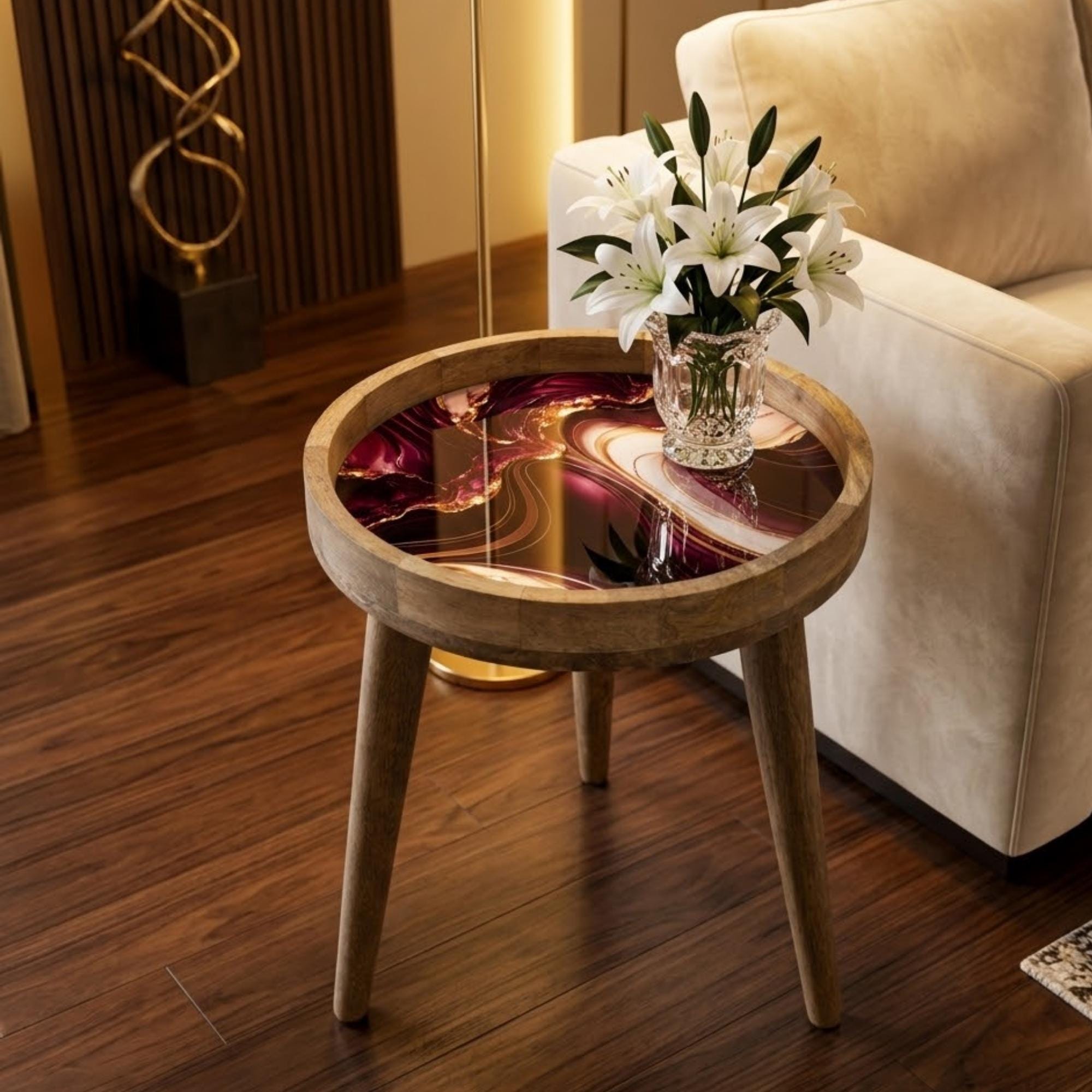 Handmade Mango Wood Side Table | Burgundy Marble Print Accent Table