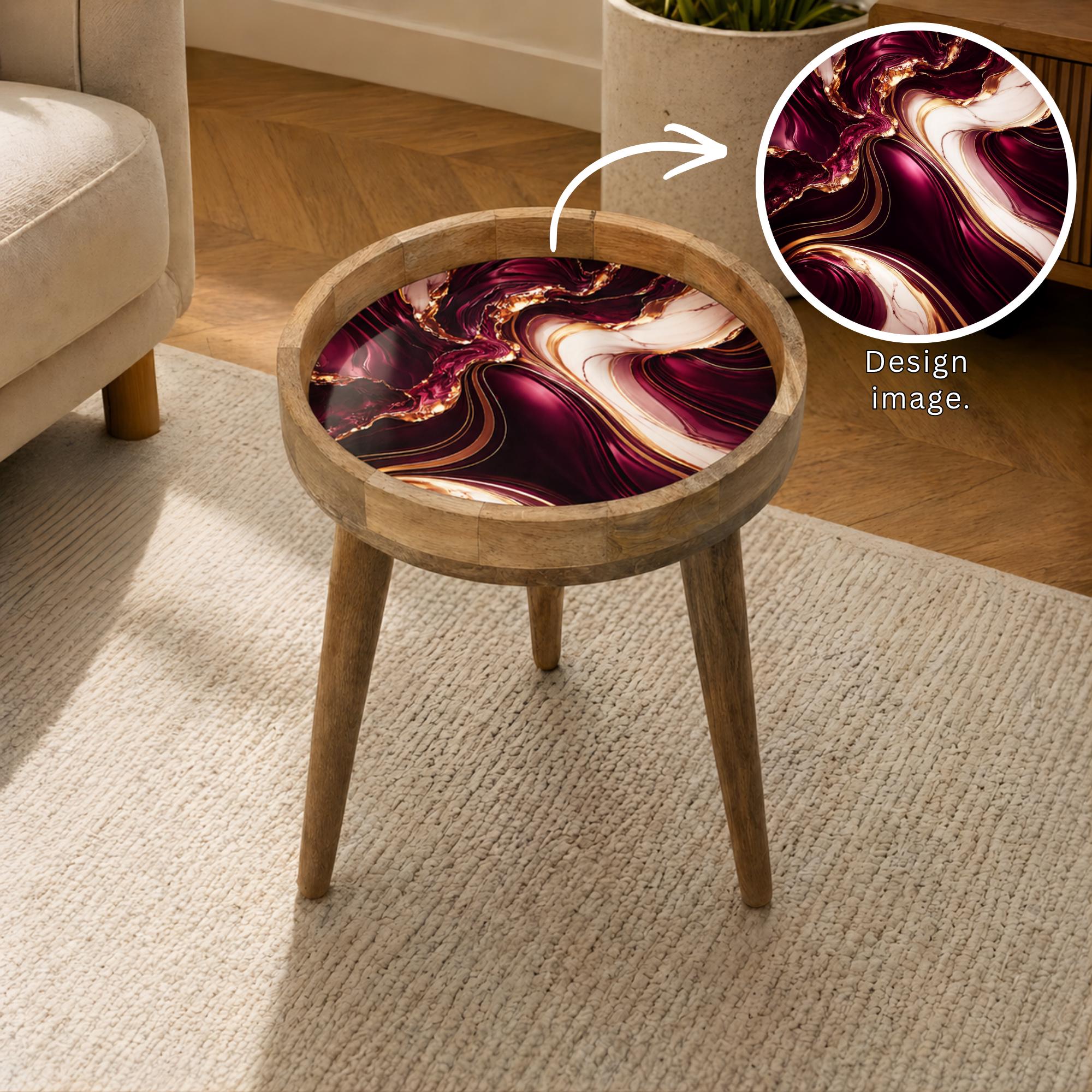 Handmade Mango Wood Side Table | Burgundy Marble Print Accent Table