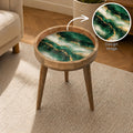 Handmade Mango Wood Side Table | Green Marble Print Round Accent Table