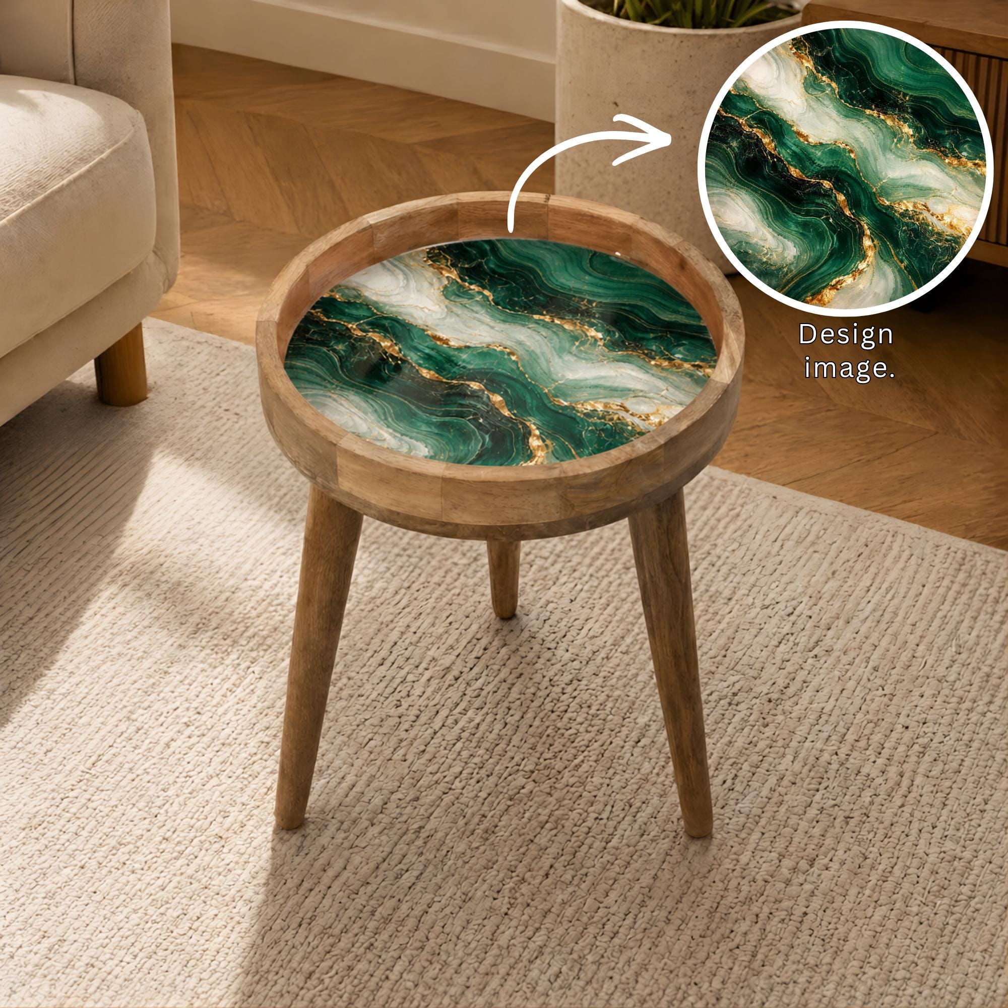 Handmade Mango Wood Side Table | Green Marble Print Round Accent Table