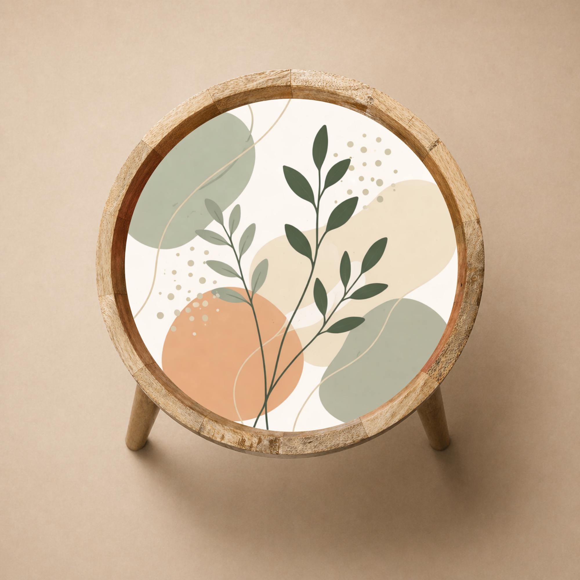 Handmade Mango Wood Side Table | Minimal Botanical Print | Round Modern Accent Table