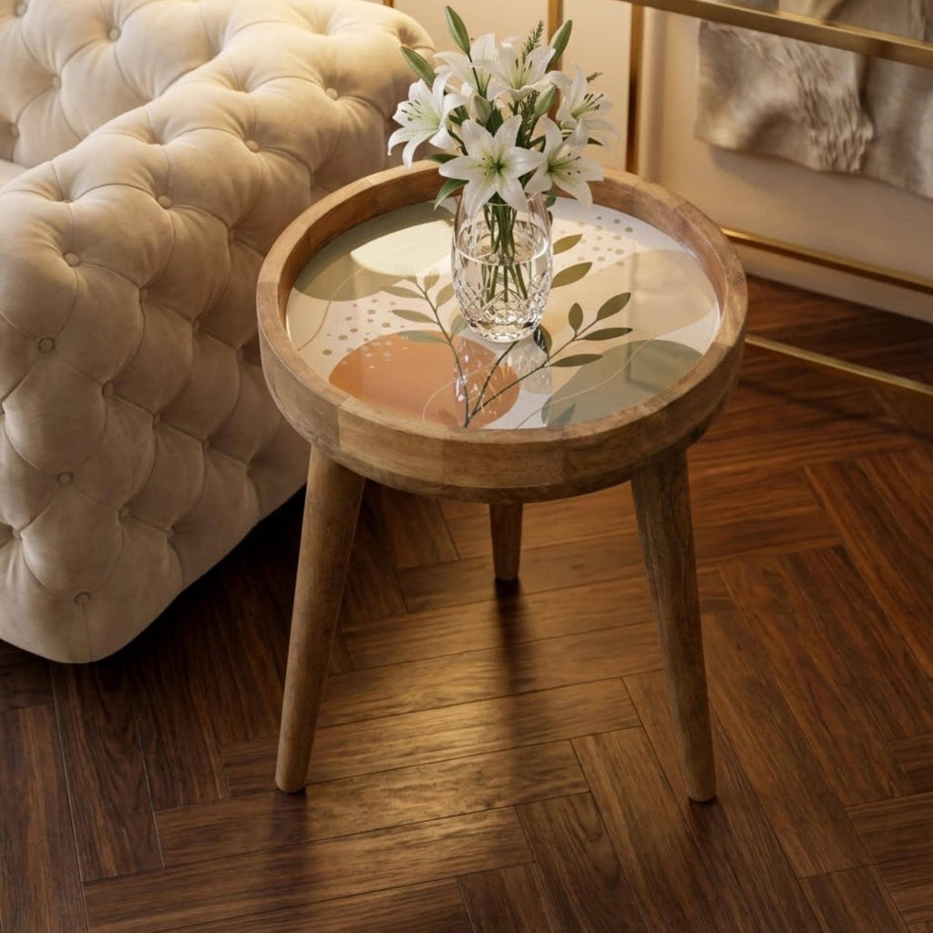 Handmade Mango Wood Side Table | Minimal Botanical Print | Round Modern Accent Table
