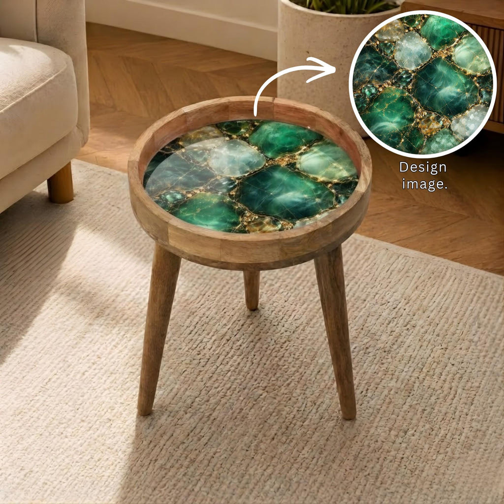 Handmade Mango Wood Side Table | Green Geode Print Accent Table