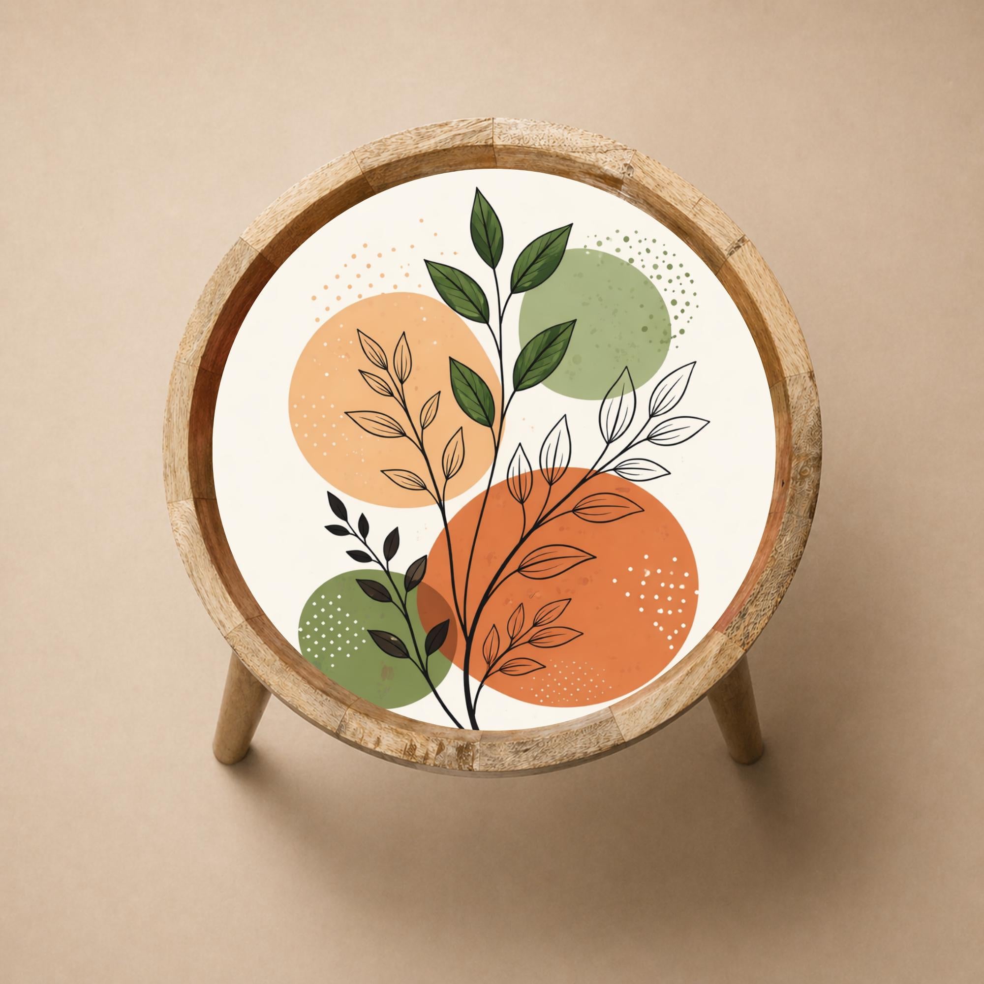 Scandinavian Printed Mango Wood End Table | Abstract Leaf Side Table | Modern Decor