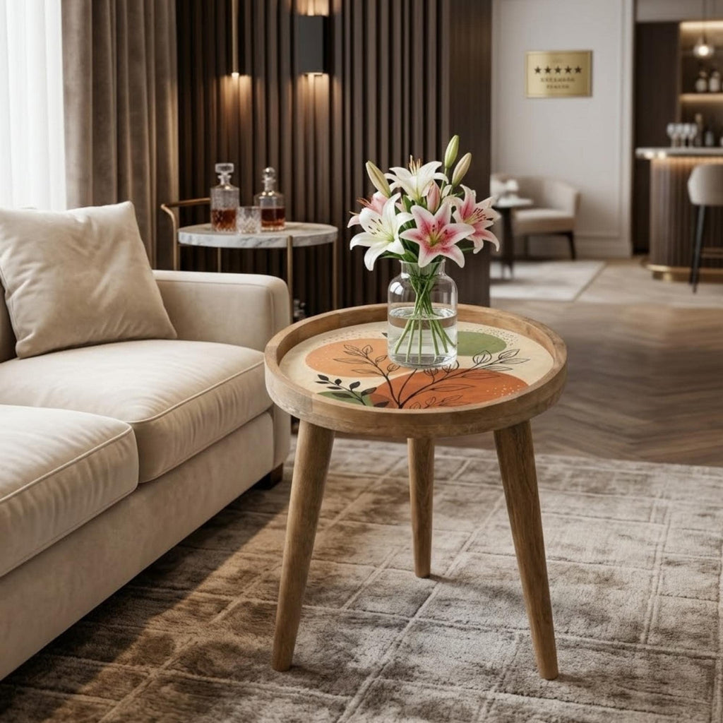 Scandinavian Printed Mango Wood End Table | Abstract Leaf Side Table | Modern Decor