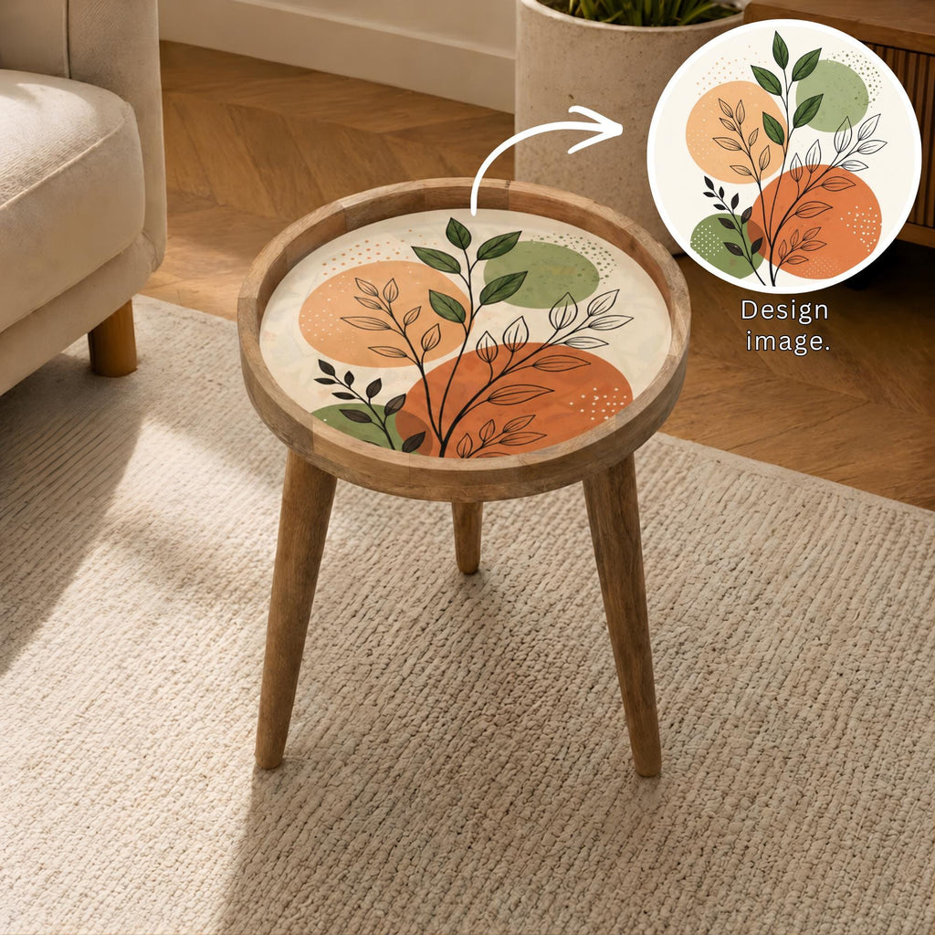 Scandinavian Printed Mango Wood End Table | Abstract Leaf Side Table | Modern Decor