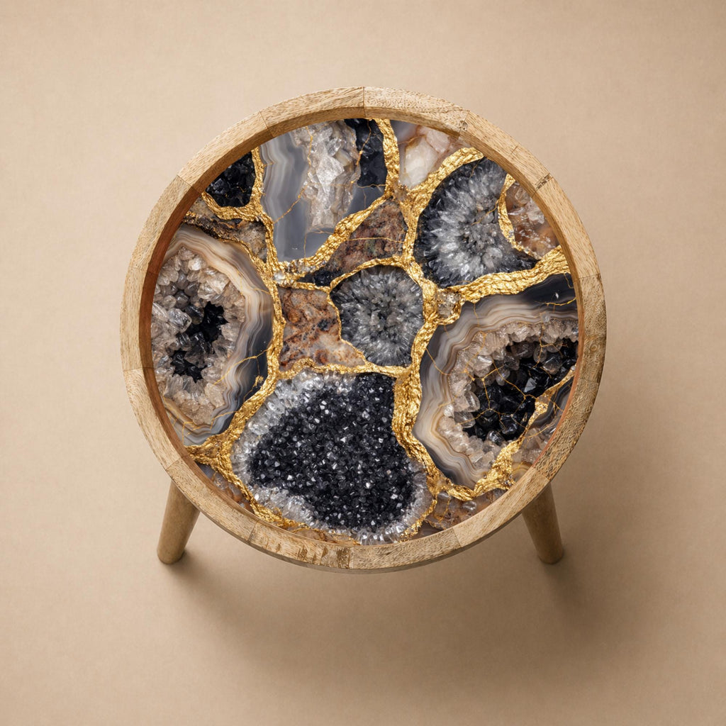Handmade Mango Wood Side Table | Geode Crystal Print Round Accent Table