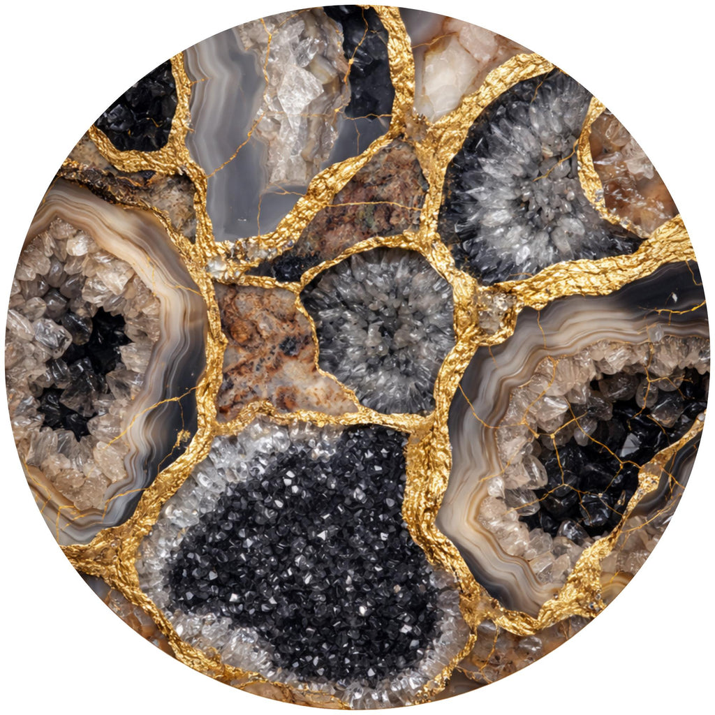 Handmade Mango Wood Side Table | Geode Crystal Print Round Accent Table
