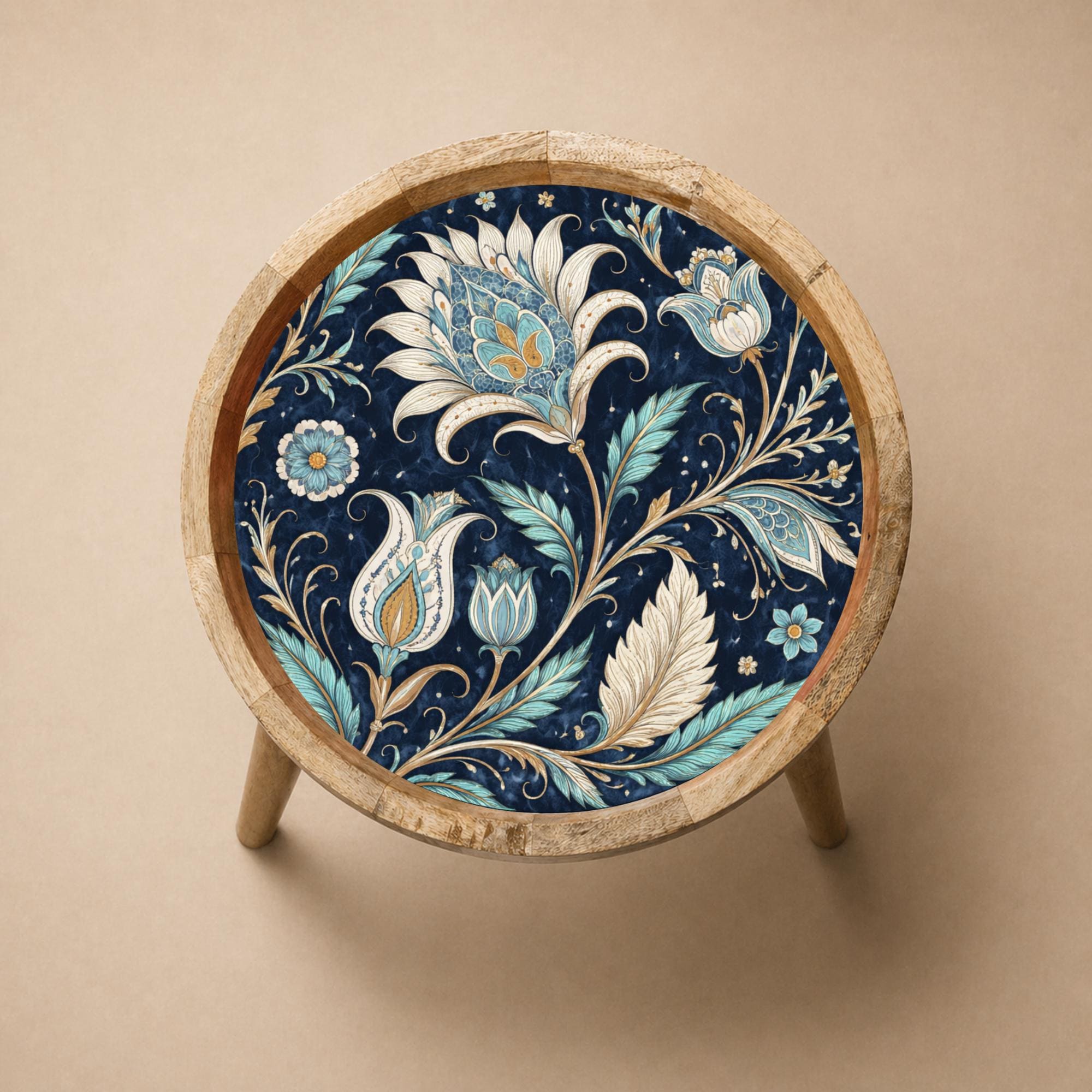 Handmade Mango Wood Side Table | Vintage Blue Floral Print | Round Boho Accent Table