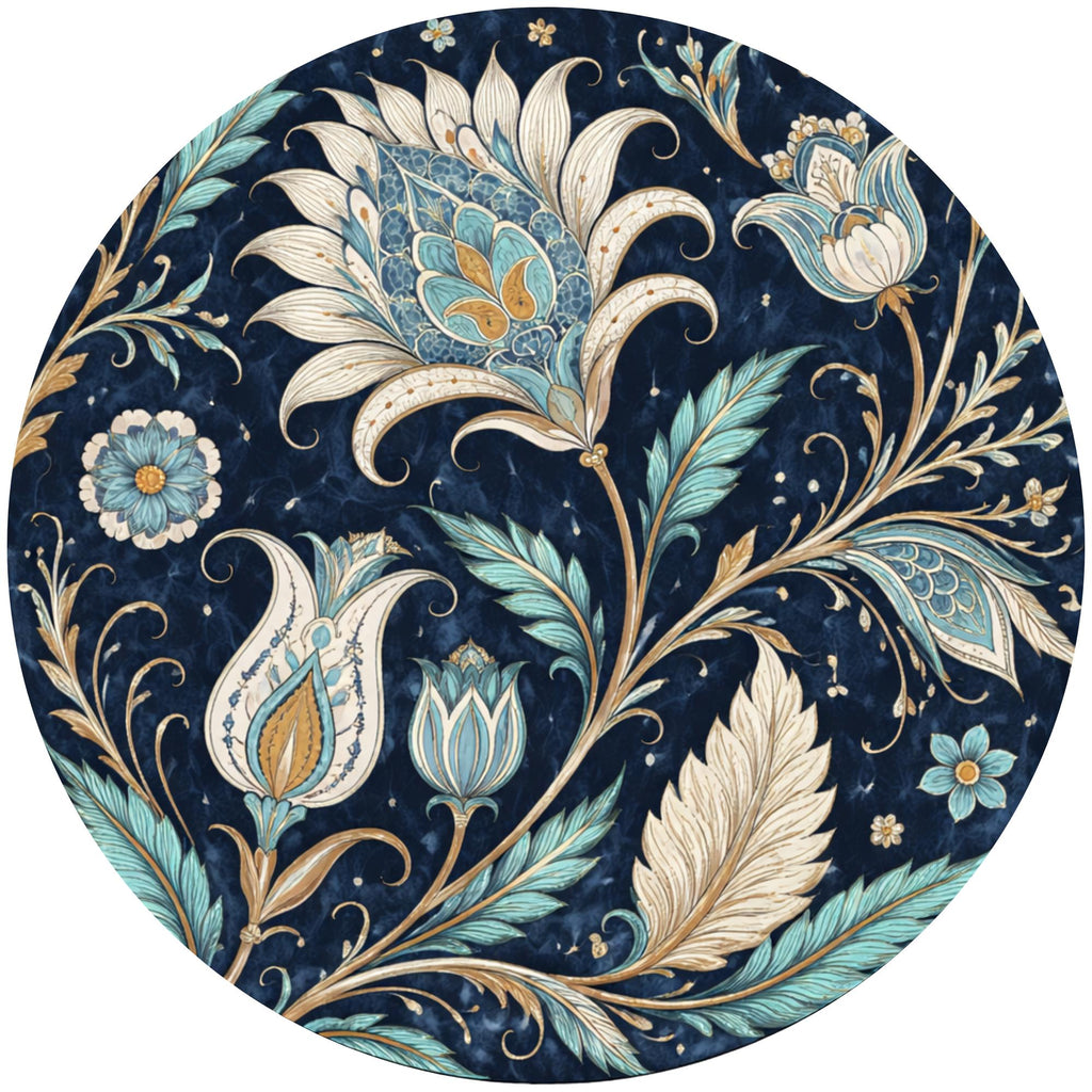 Handmade Mango Wood Side Table | Vintage Blue Floral Print | Round Boho Accent Table