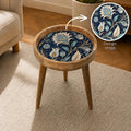 Handmade Mango Wood Side Table | Vintage Blue Floral Print | Round Boho Accent Table