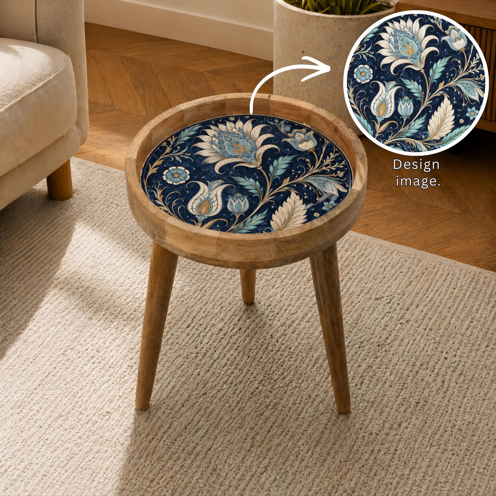 Handmade Mango Wood Side Table | Vintage Blue Floral Print | Round Boho Accent Table
