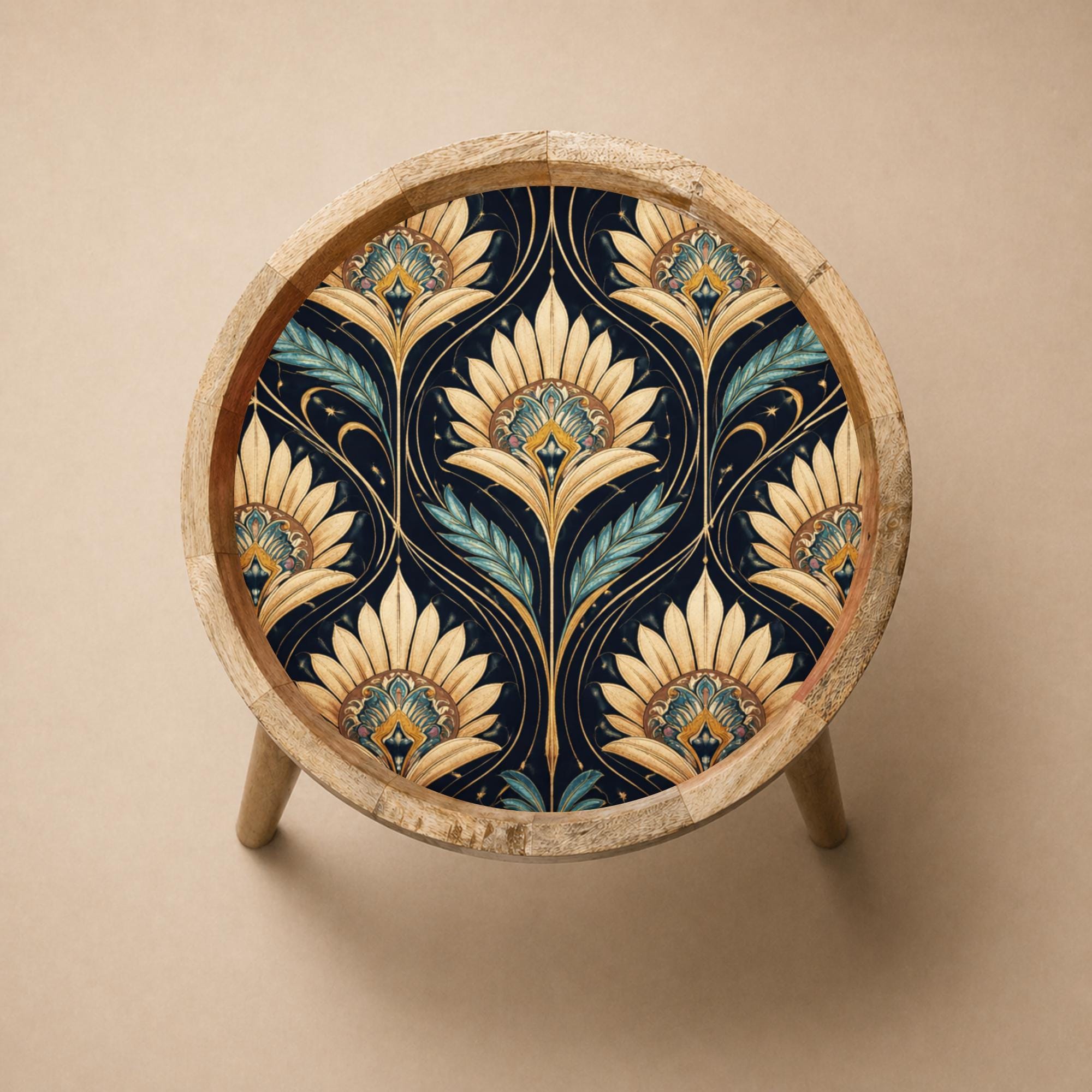 Handmade Mango Wood Side Table | Art Deco Floral Print | Round Vintage Accent Table