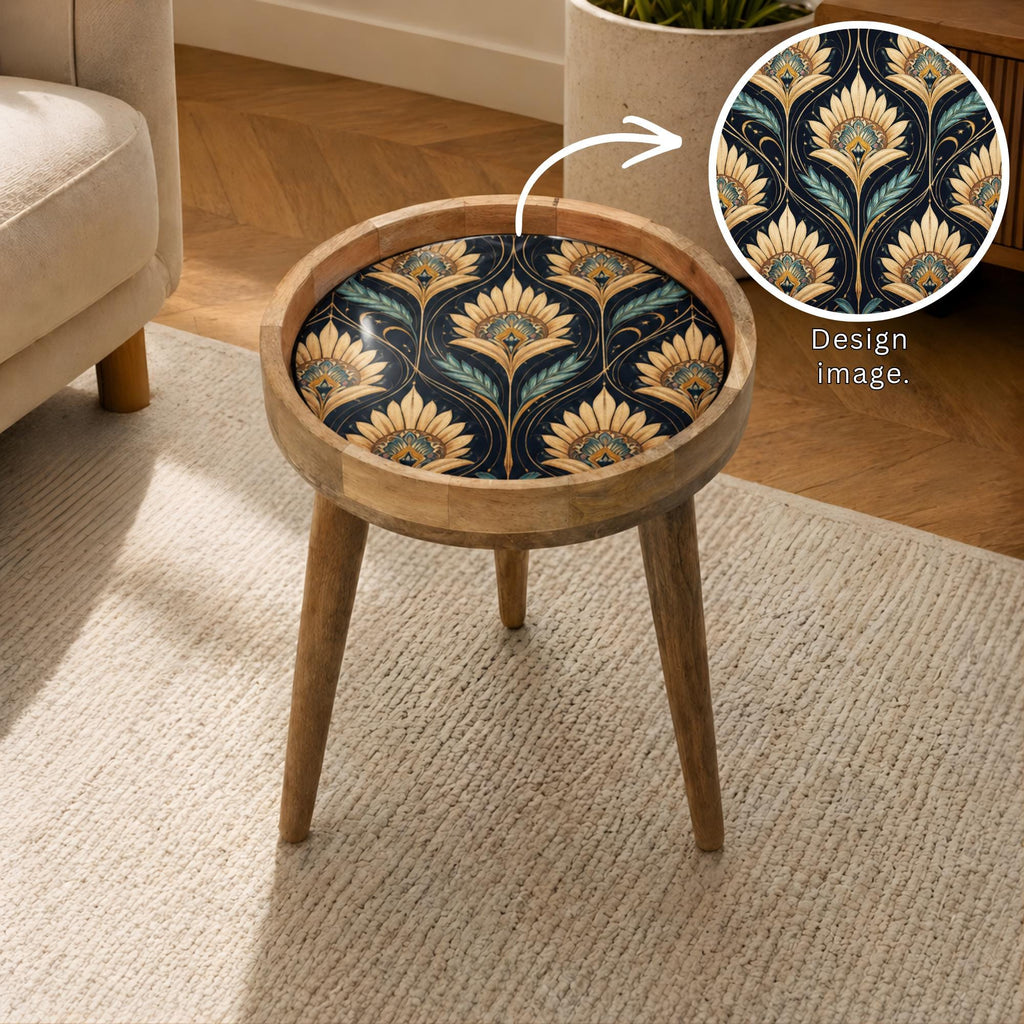 Handmade Mango Wood Side Table | Art Deco Floral Print | Round Vintage Accent Table