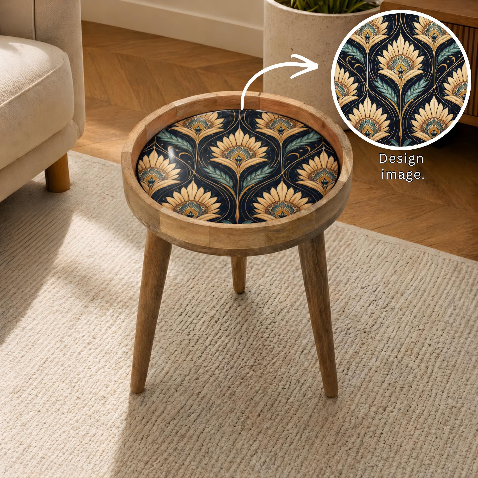 Handmade Mango Wood Side Table | Art Deco Floral Print | Round Vintage Accent Table