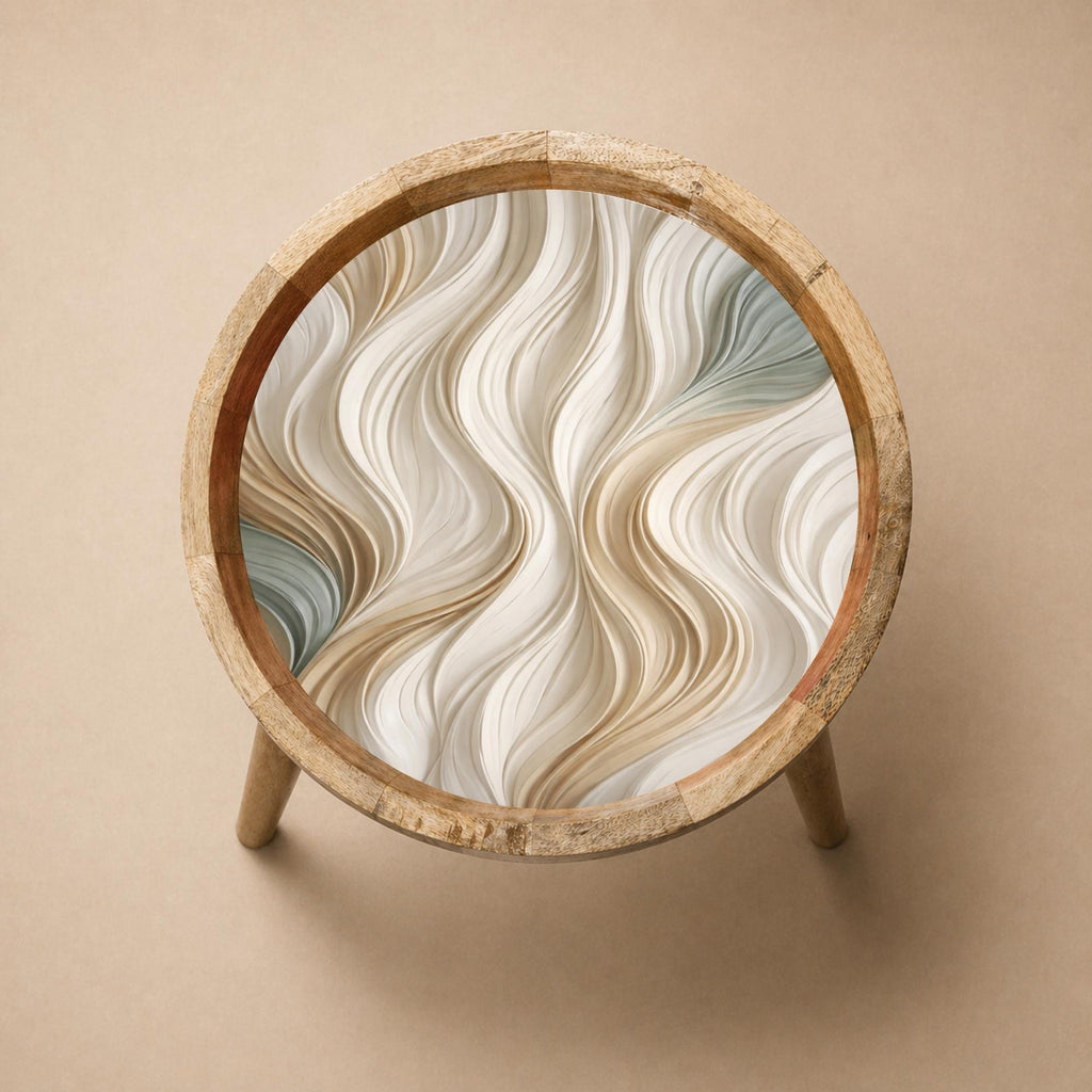 Handmade Mango Wood Side Table | Neutral Swirl Print Accent Table