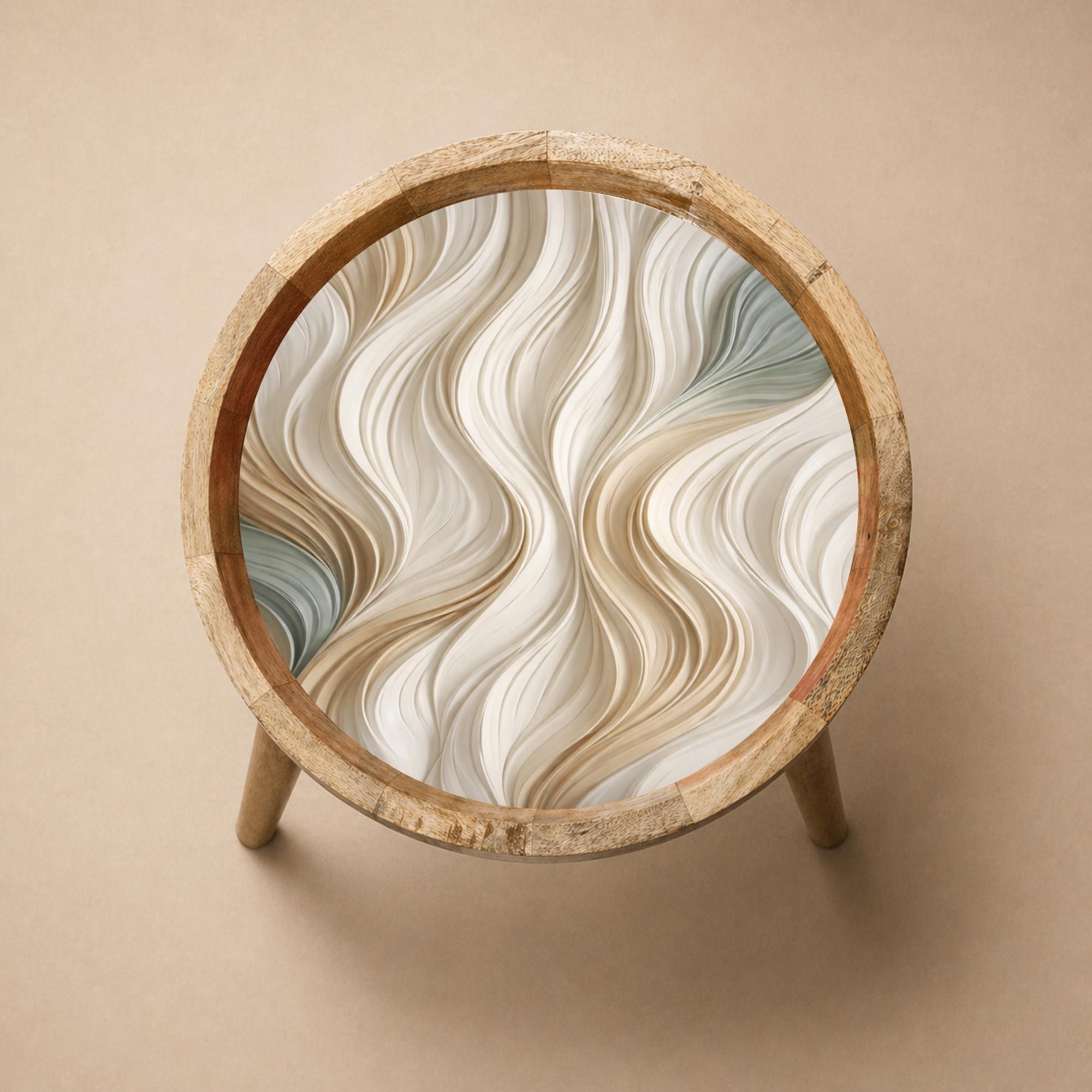 Handmade Mango Wood Side Table | Neutral Swirl Print Accent Table