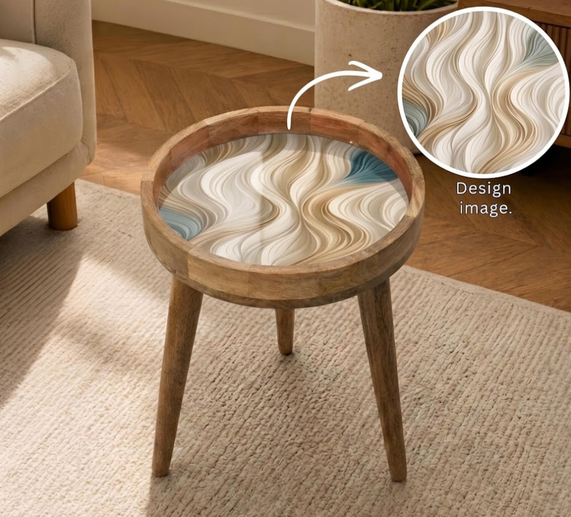 Handmade Mango Wood Side Table | Neutral Swirl Print Accent Table
