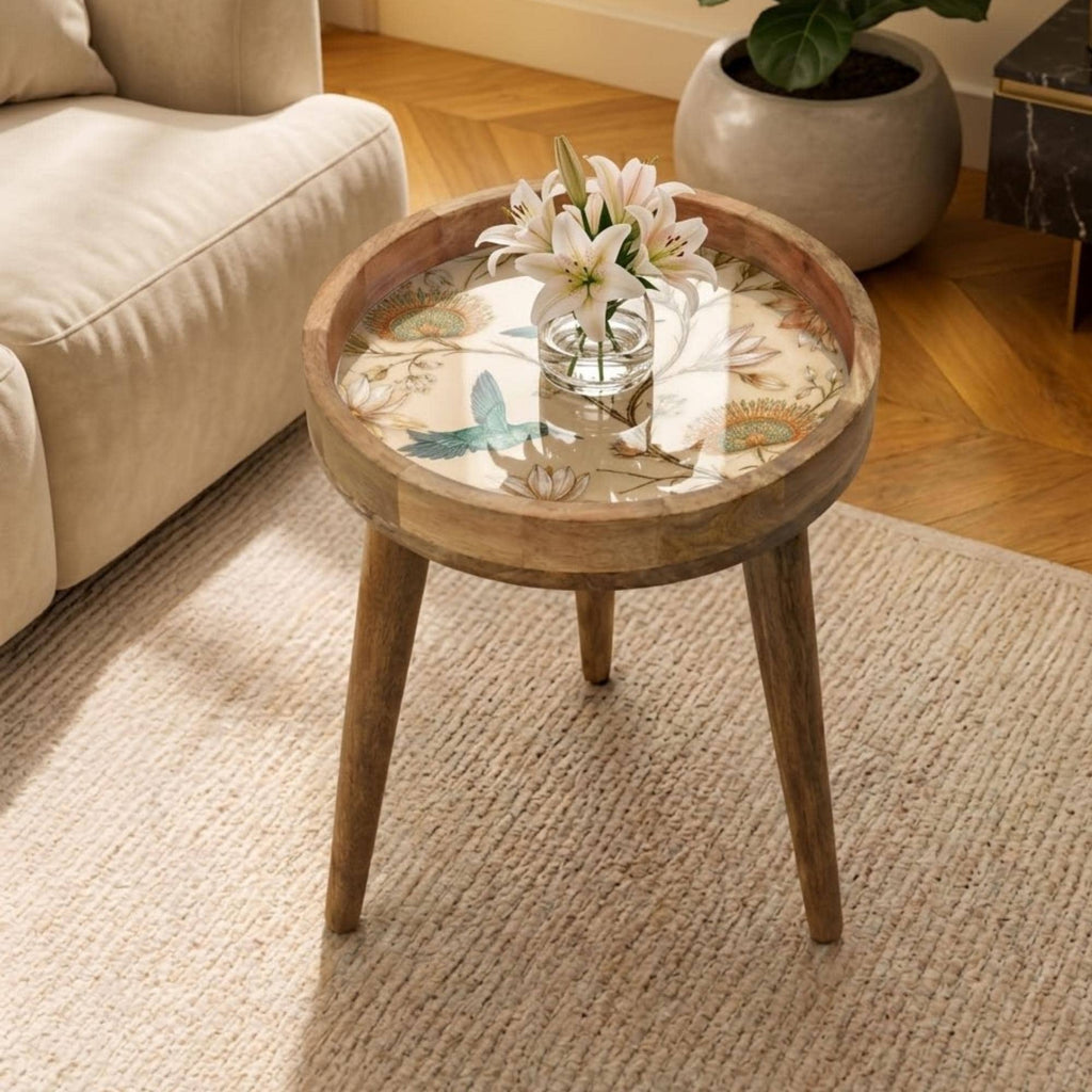 Handmade Mango Wood Side Table | Hummingbird Floral Botanical Accent Table