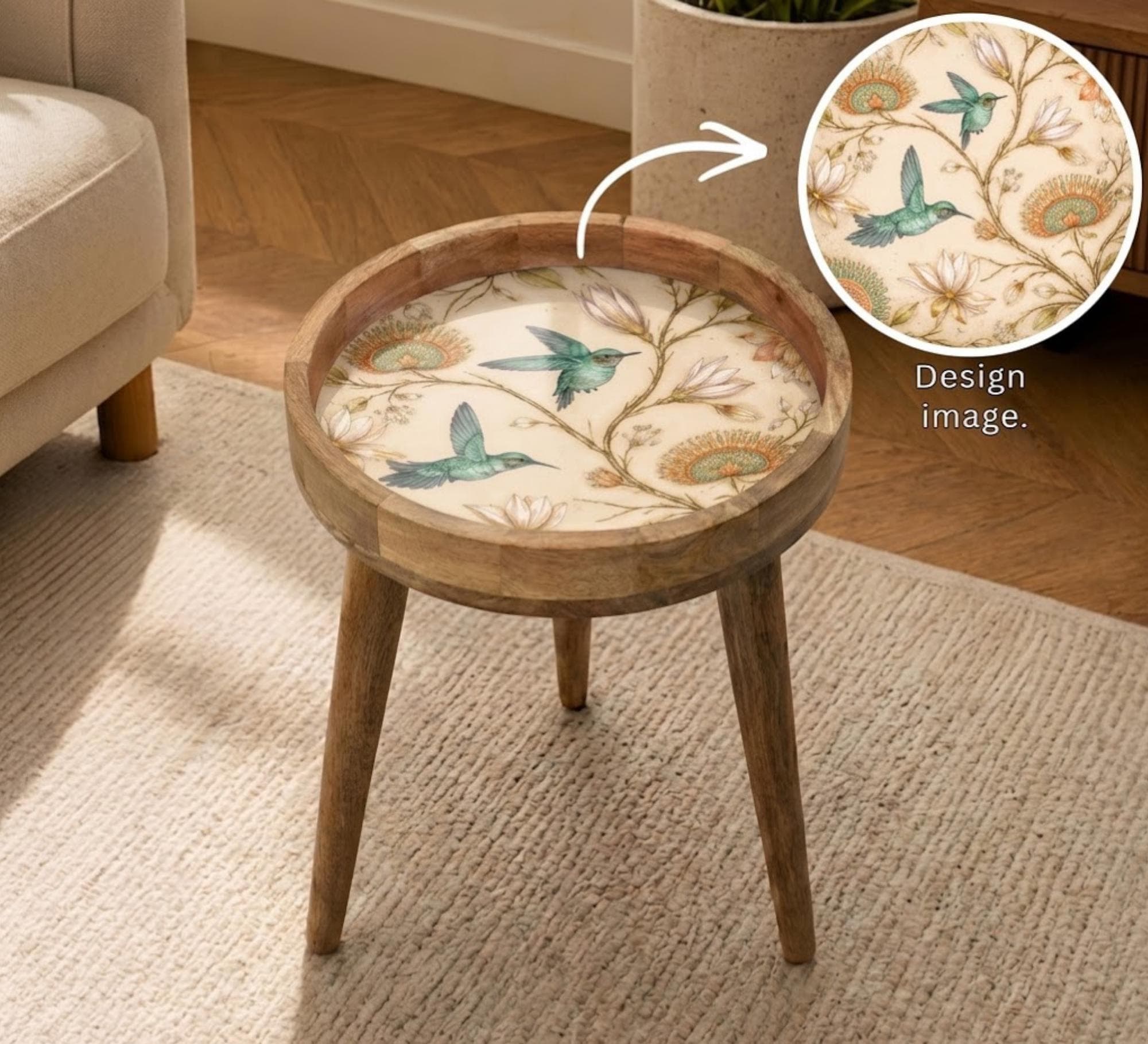 Handmade Mango Wood Side Table | Hummingbird Floral Botanical Accent Table