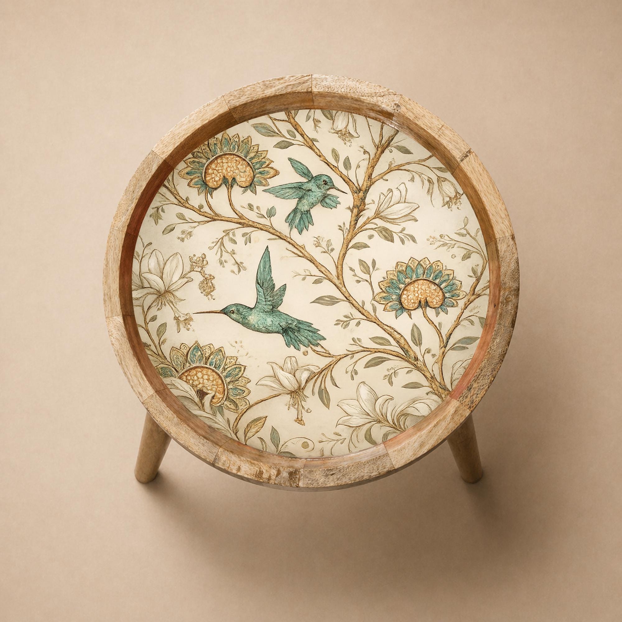 Botanical Bird Printed Mango Wood End Table | Round Wooden Side Table | Cottage Decor