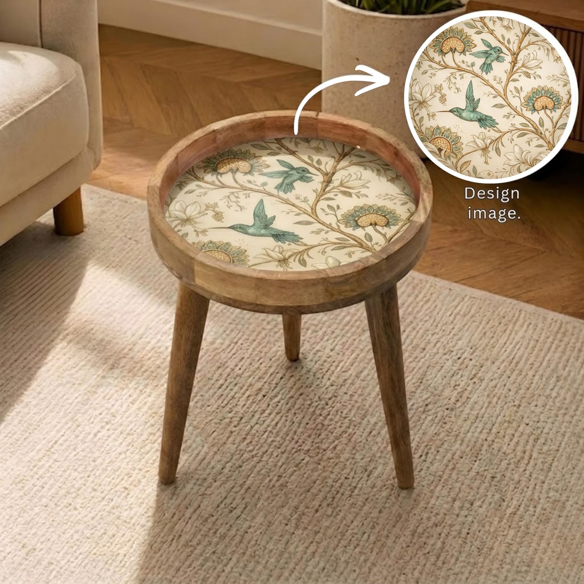 Botanical Bird Printed Mango Wood End Table | Round Wooden Side Table | Cottage Decor