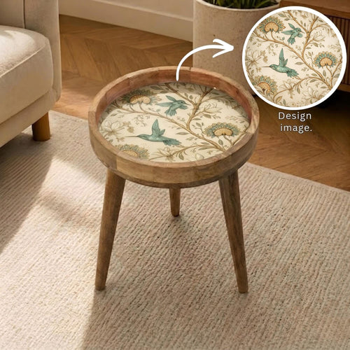 Botanical Bird Printed Mango Wood End Table | Round Wooden Side Table | Cottage Decor