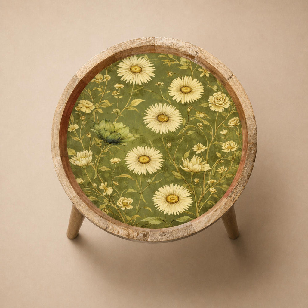 Daisy Floral Mango Wood Side Table | Green Botanical Round Accent Table