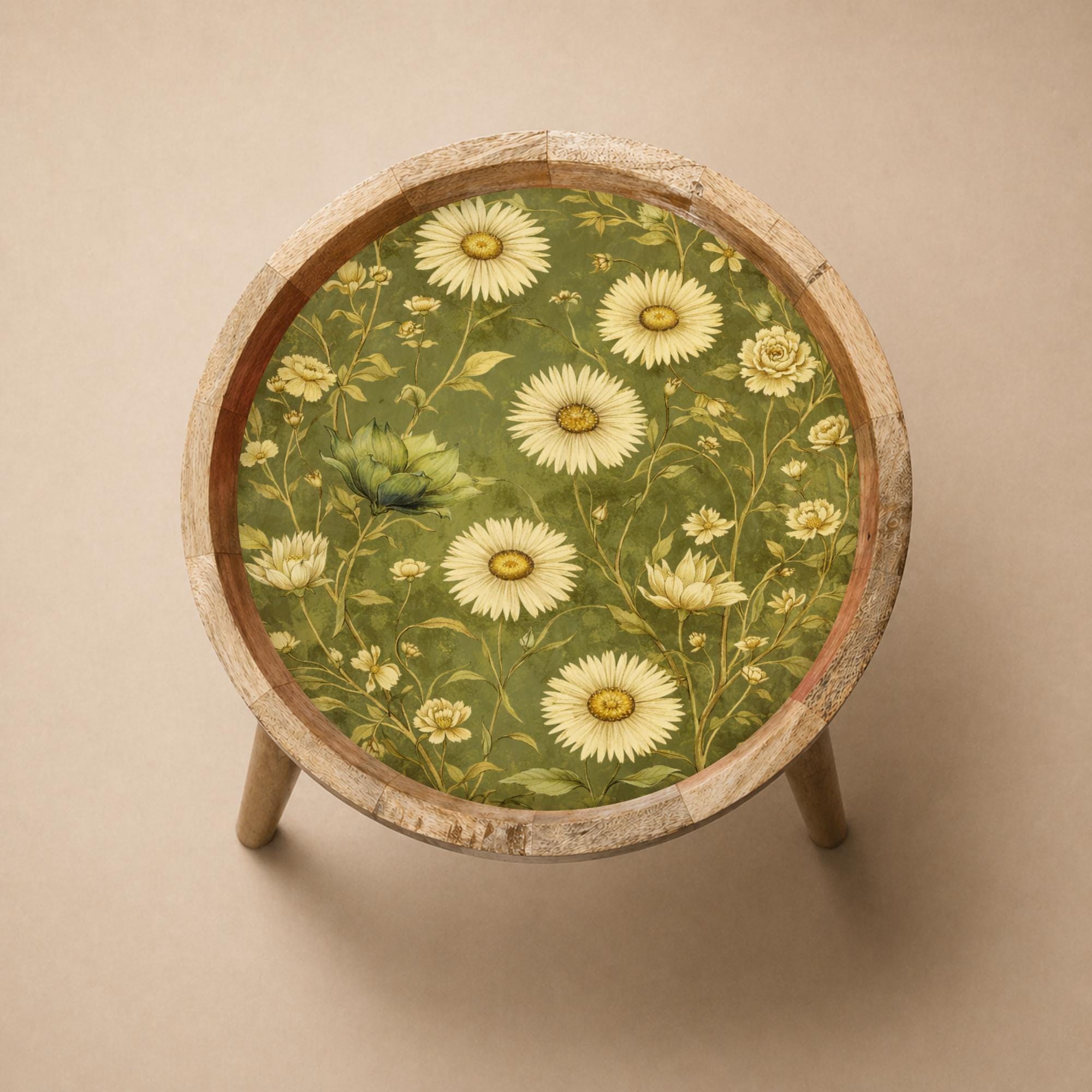 Daisy Floral Mango Wood Side Table | Green Botanical Round Accent Table