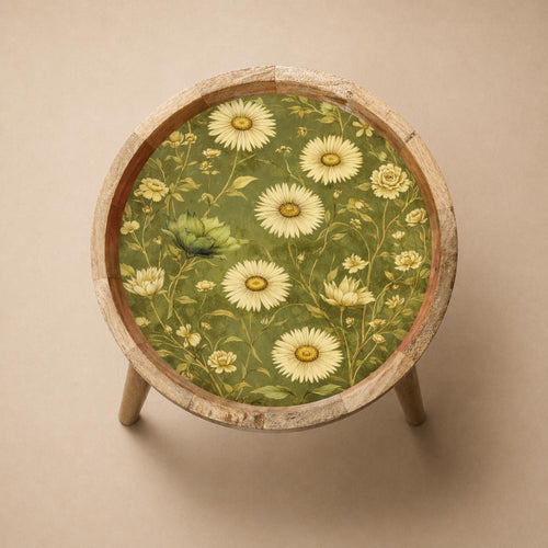 Daisy Floral Mango Wood Side Table | Green Botanical Round Accent Table