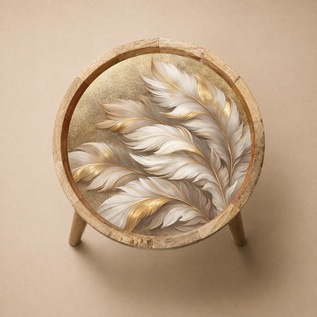 Handmade Mango Wood Side Table | Feather Print Round Accent Boho Decor