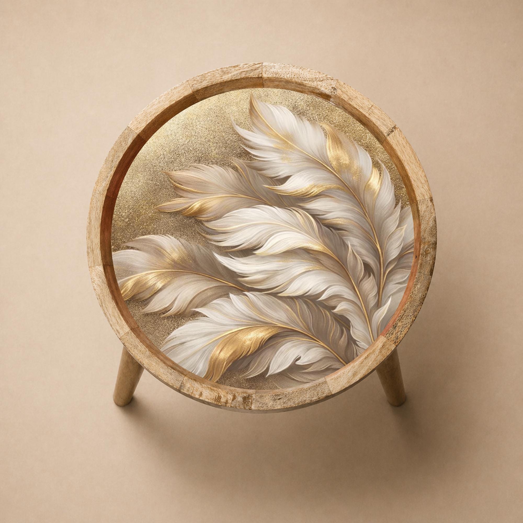 Handmade Mango Wood Side Table | Feather Print Round Accent Boho Decor