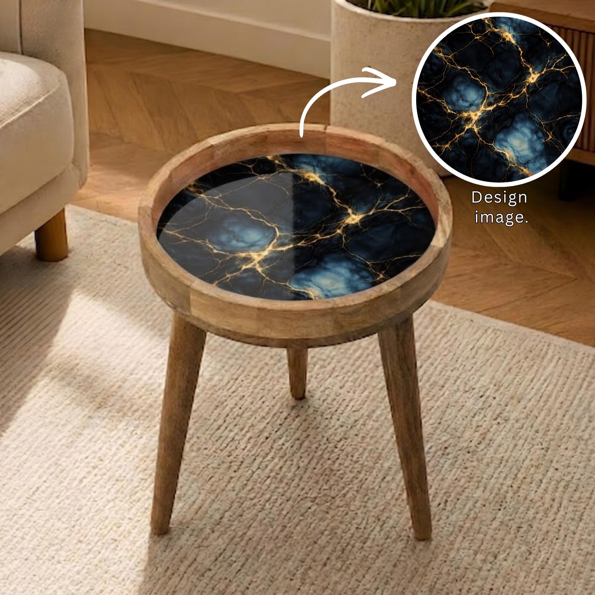 Handmade Mango Wood Side Table | Marble Effect Print, Round Accent Furniture