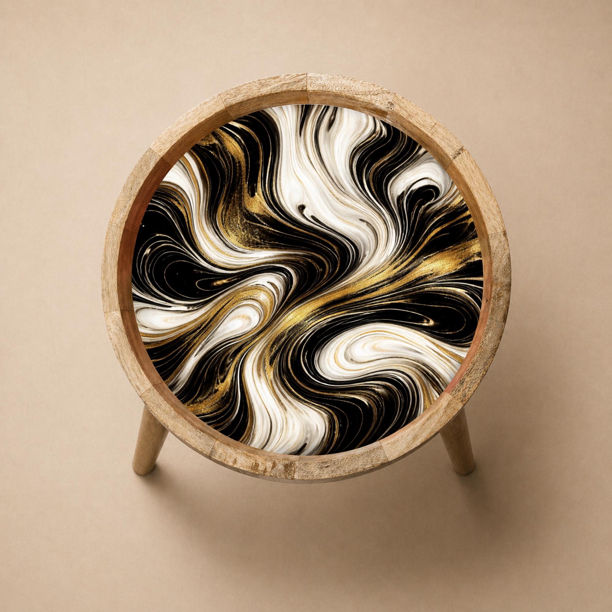 Black Marble Mango Wood Side Table | Gold Swirl Round Accent Table | Modern Decor