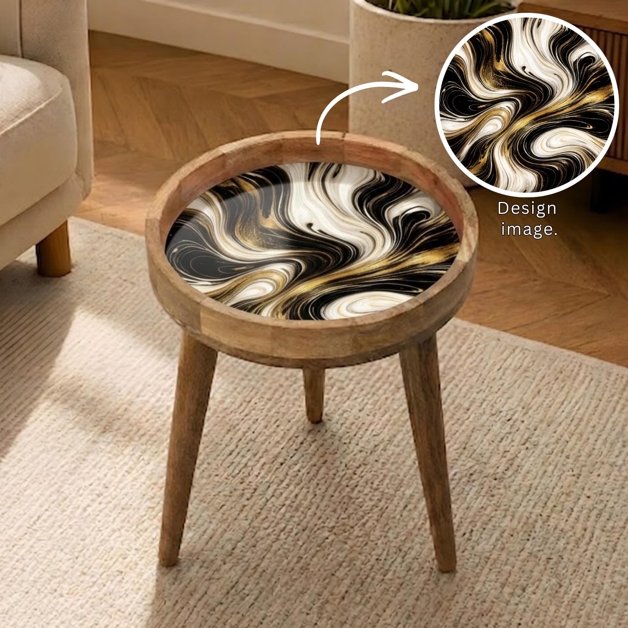 Black Marble Mango Wood Side Table | Gold Swirl Round Accent Table | Modern Decor