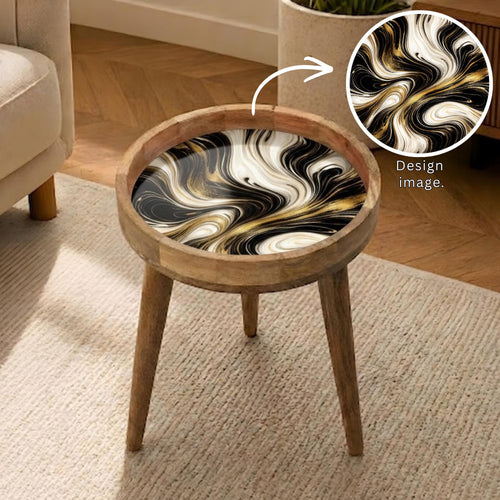 Black Marble Mango Wood Side Table | Gold Swirl Round Accent Table | Modern Decor