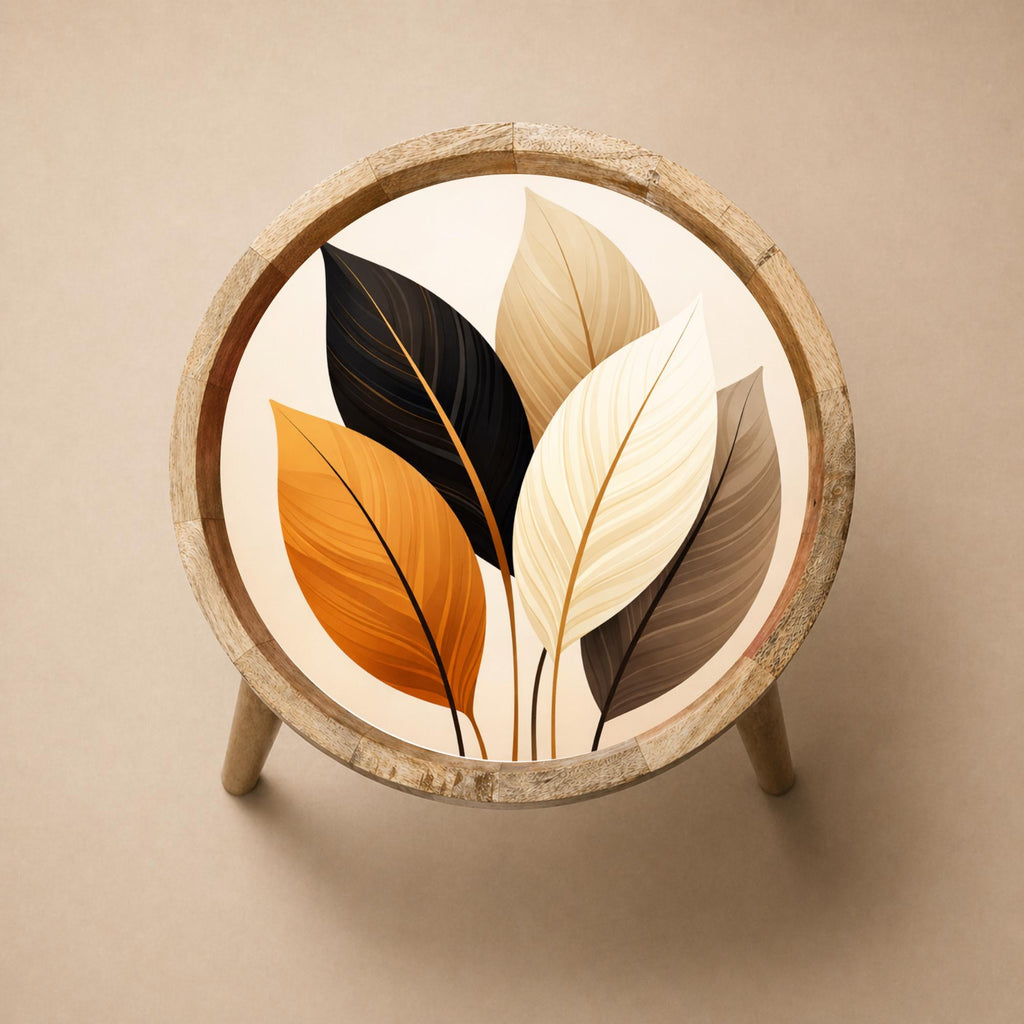 Handmade Mango Wood Side Table | Leaf Print Round Accent Boho Decor
