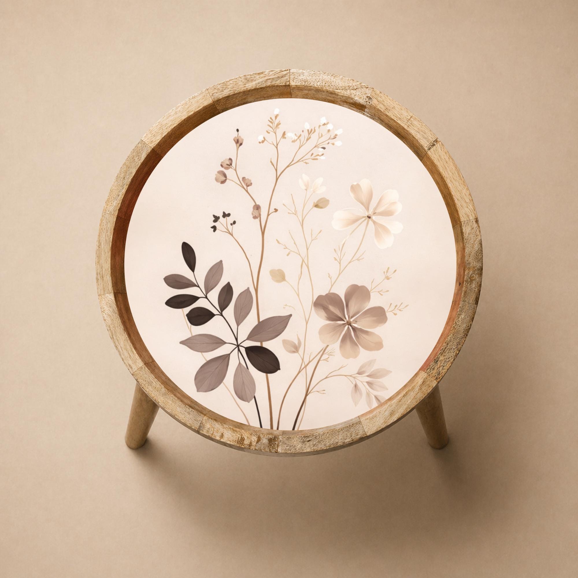Neutral Botanical Mango Wood Side Table | Round Floral Accent Table | Minimalist Decor