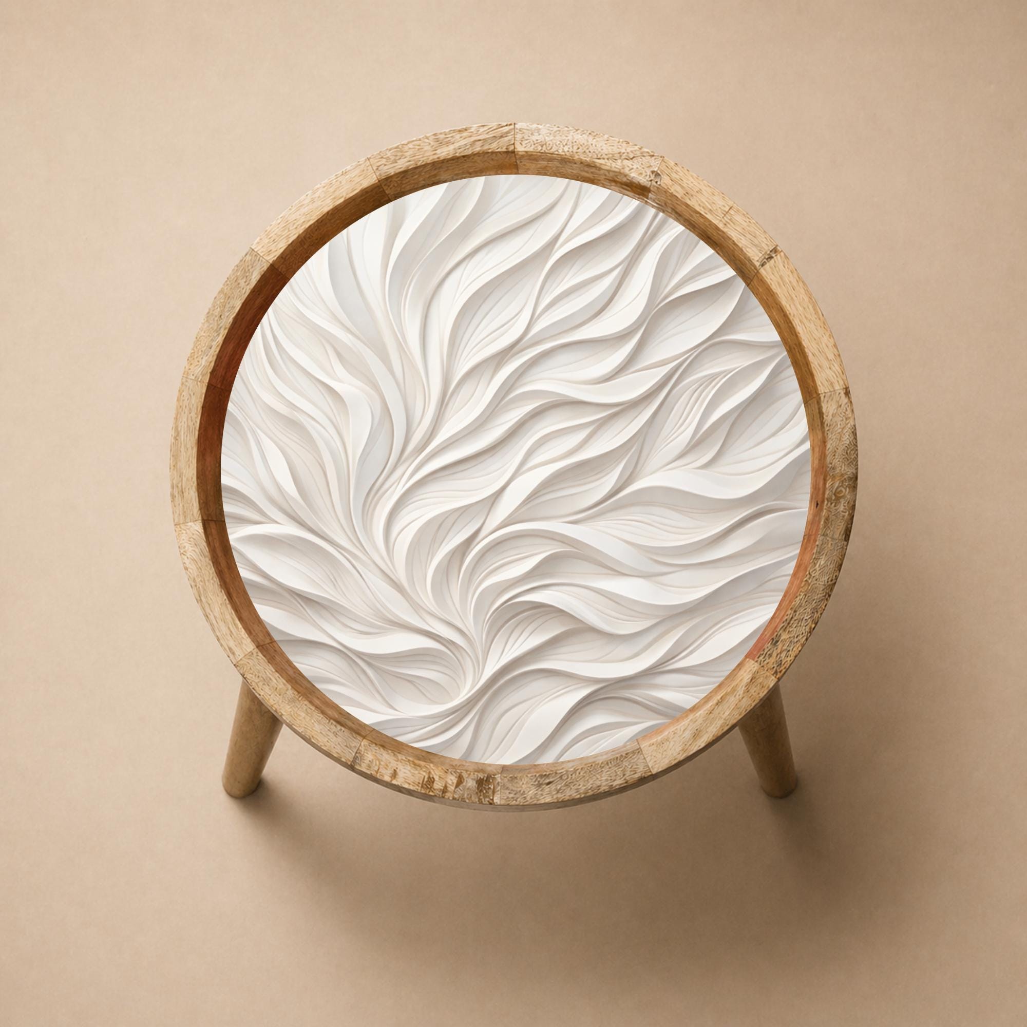 Handmade Mango Wood Round Side Table | Abstract Wave Print Accent Table