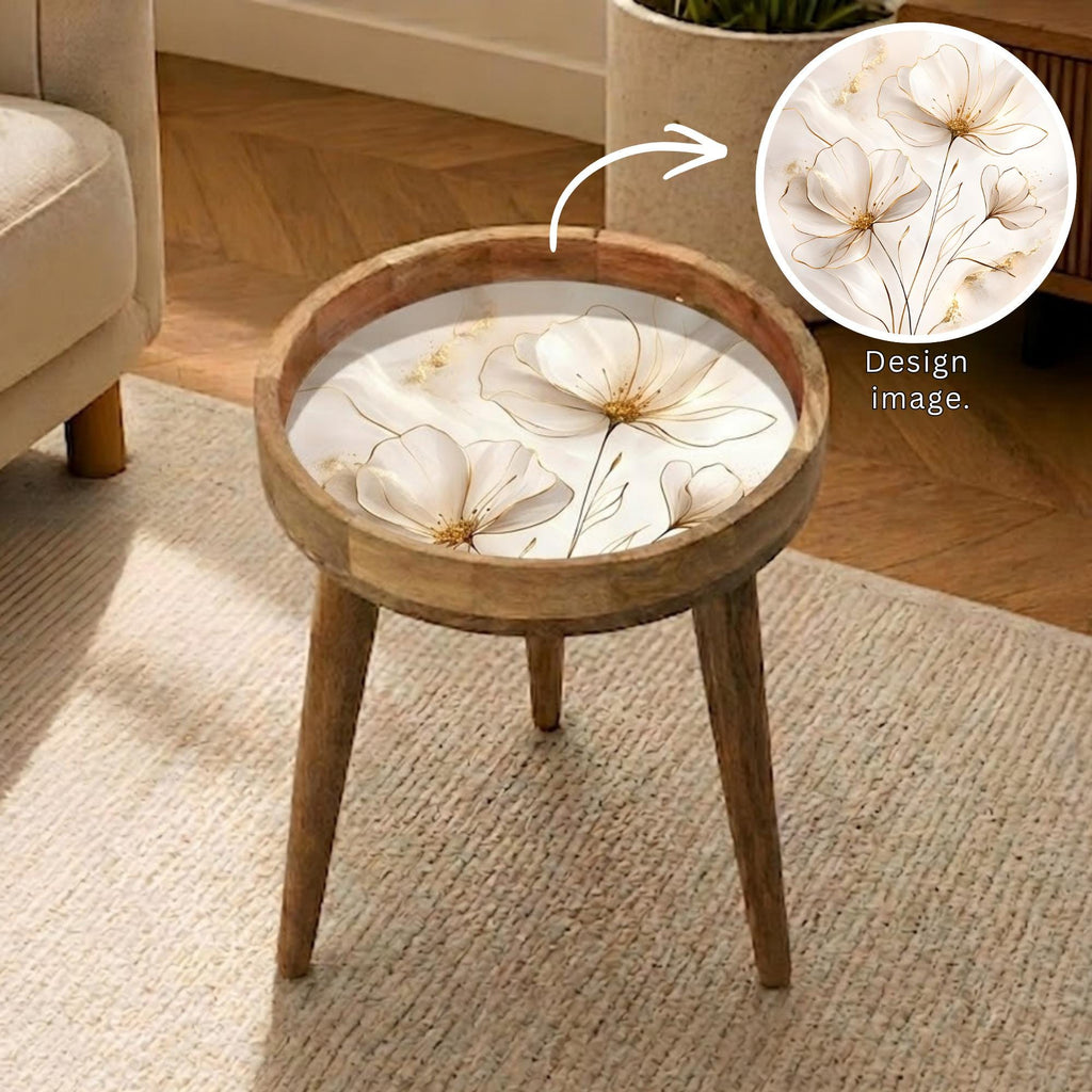 Handmade Mango Wood Side Table | Gemstone Print Round Accent Table