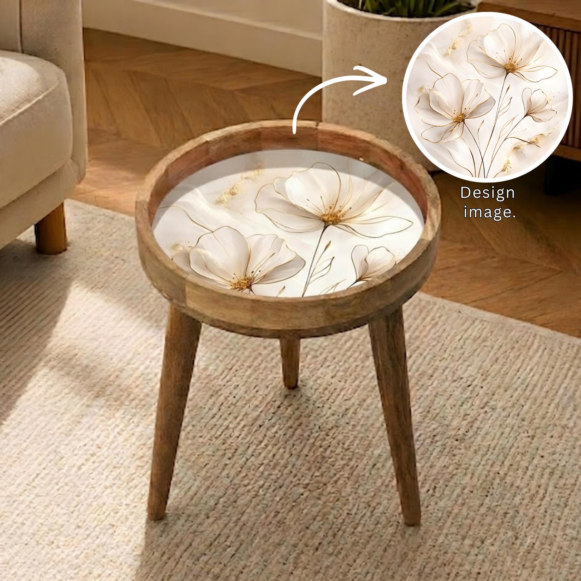 Handmade Mango Wood Side Table | Gemstone Print Round Accent Table