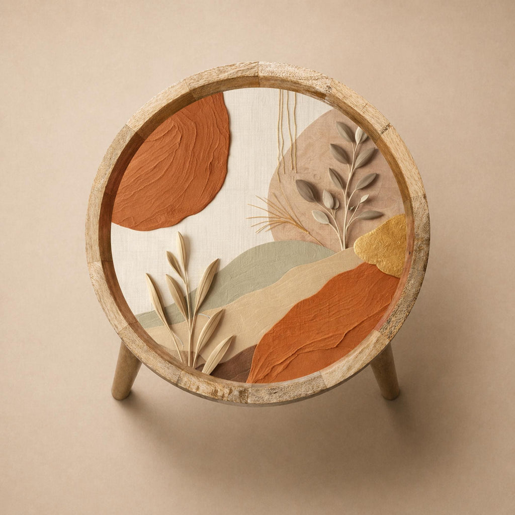 Handmade Mango Wood Side Table | Abstract Botanical Print, Round Accent Furniture