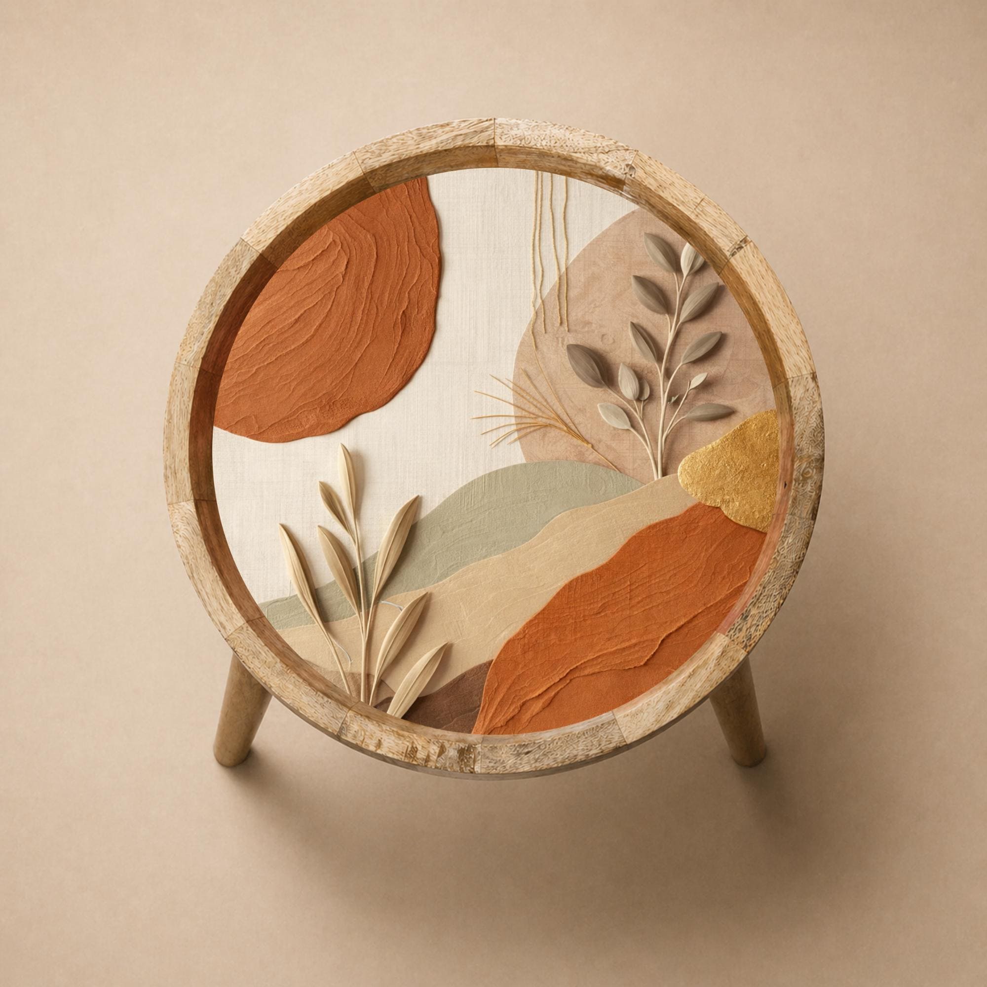 Handmade Mango Wood Side Table | Abstract Botanical Print, Round Accent Furniture