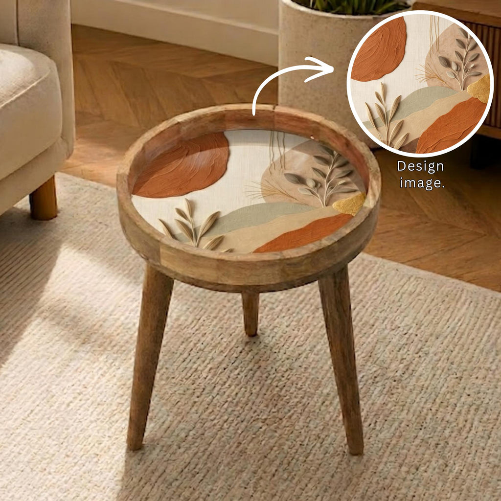 Handmade Mango Wood Side Table | Abstract Botanical Print, Round Accent Furniture
