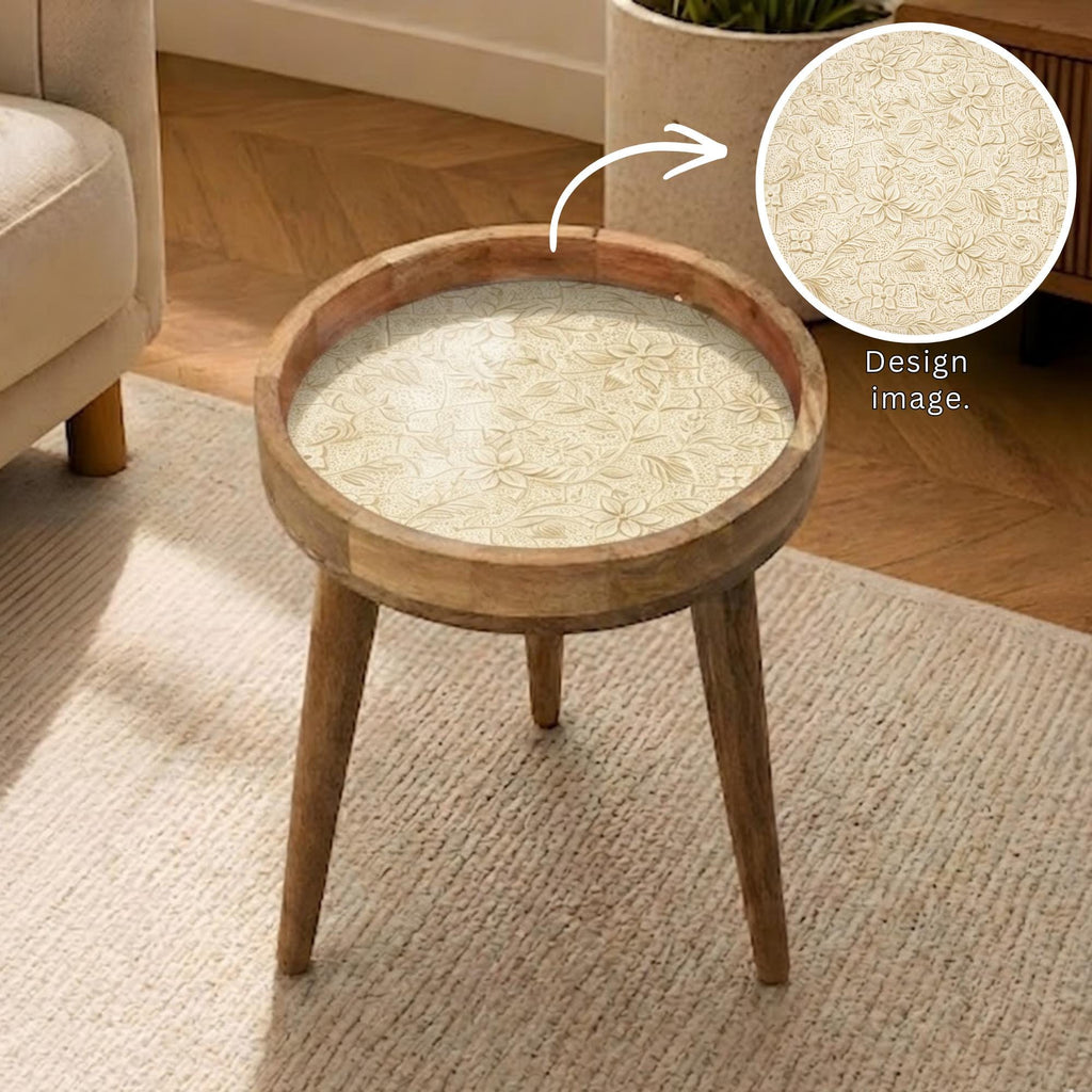 Neutral Floral Mango Wood End Table | Handmade Round Side Table | Elegant Accent Furniture