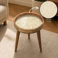 Neutral Floral Mango Wood End Table | Handmade Round Side Table | Elegant Accent Furniture