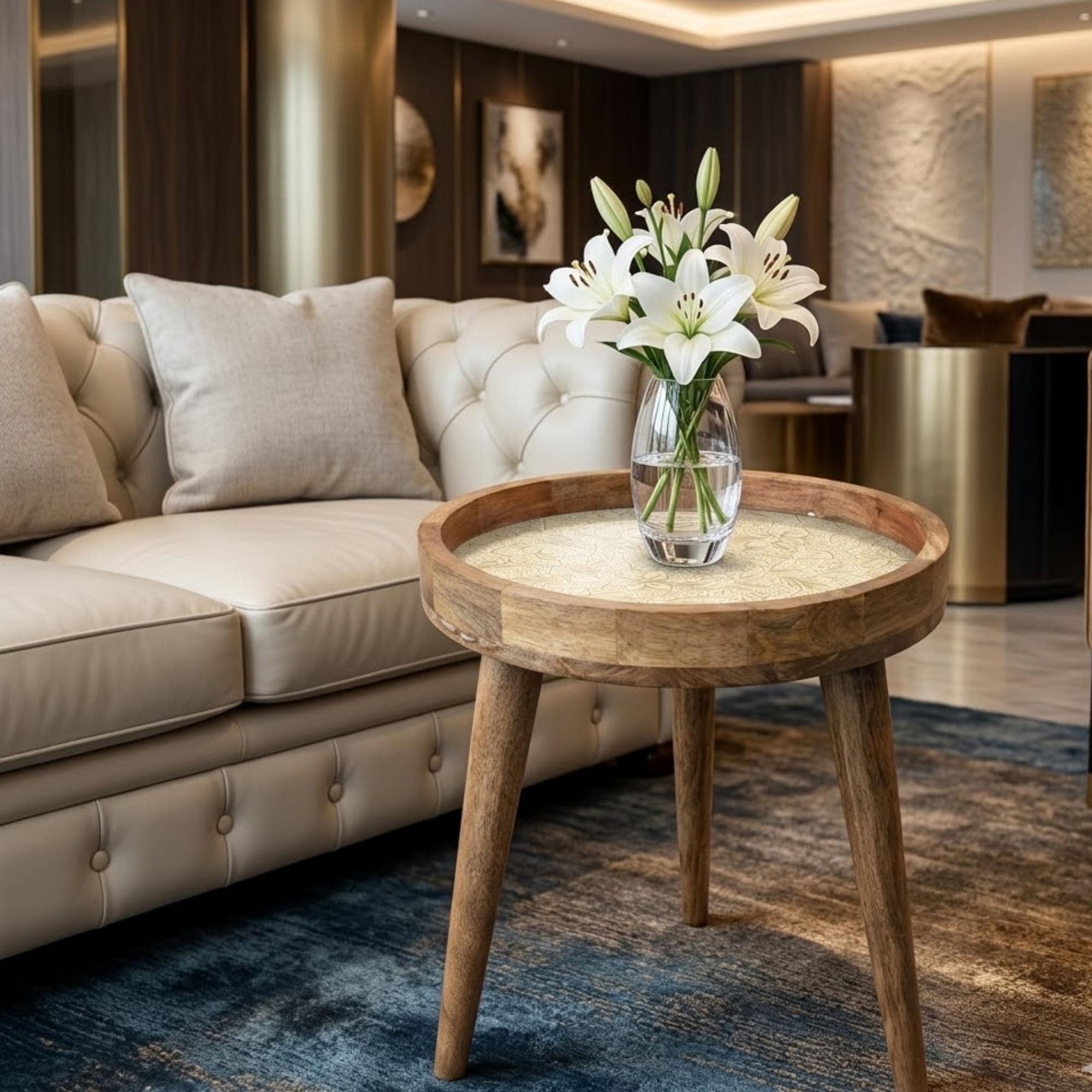 Neutral Floral Mango Wood End Table | Handmade Round Side Table | Elegant Accent Furniture