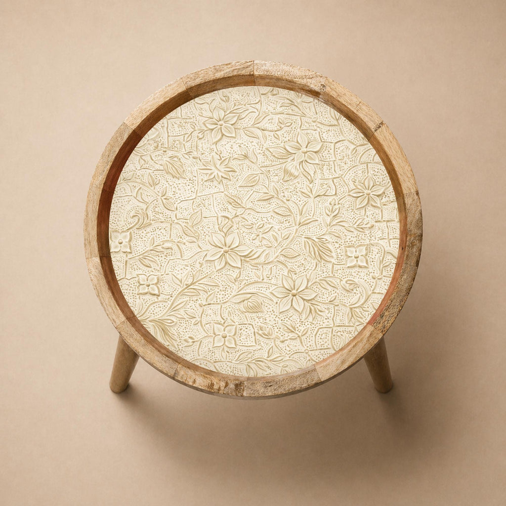 Neutral Floral Mango Wood End Table | Handmade Round Side Table | Elegant Accent Furniture