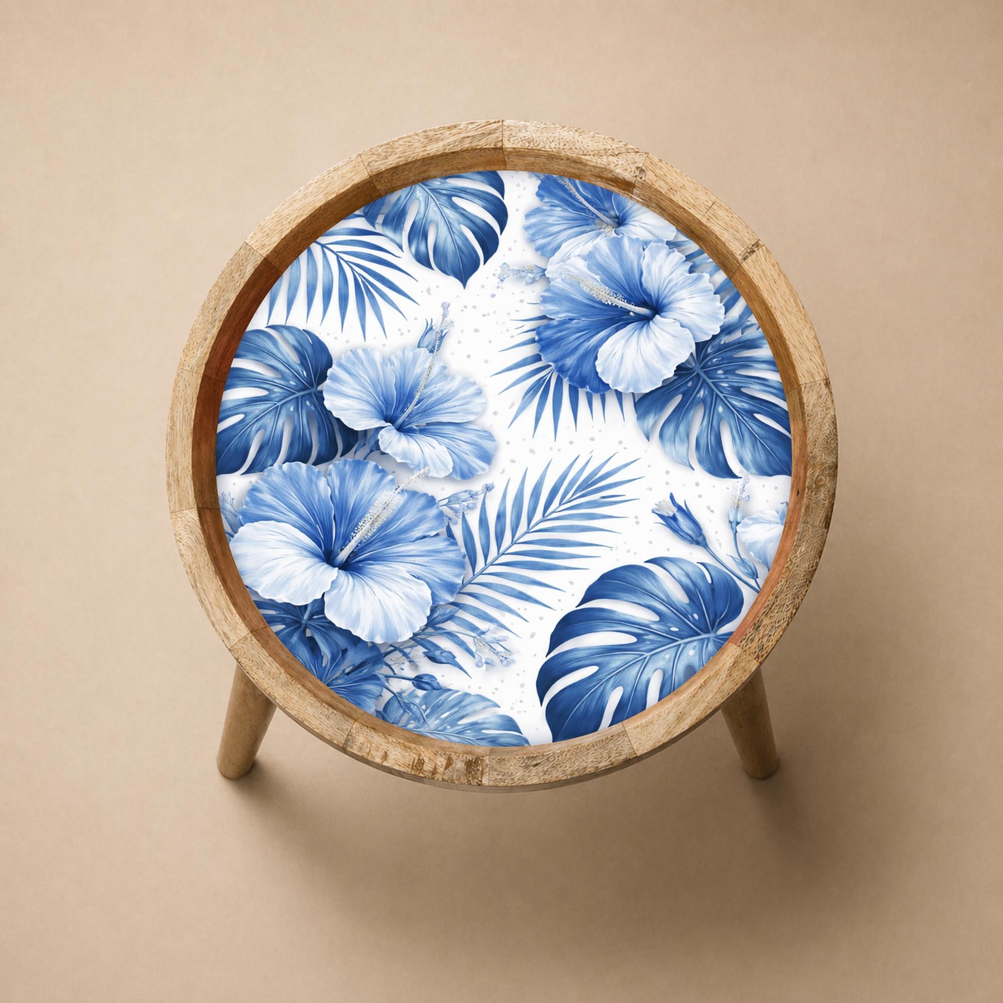 Handmade Mango Wood Side Table | Blue Tropical Floral Print, Round Accent