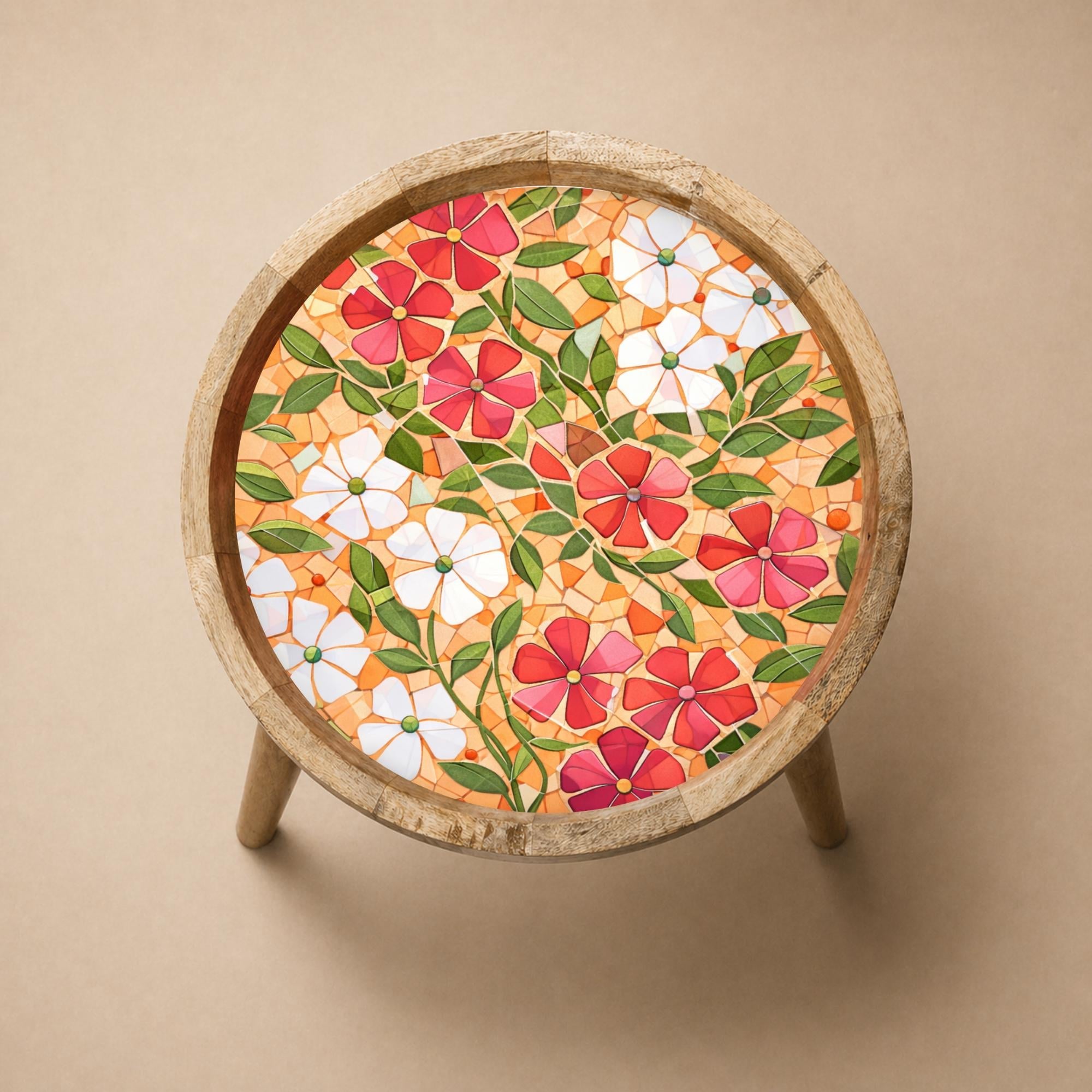Round Floral Printed End Table | Handmade Mango Wood Side Table | Colorful Home Decor